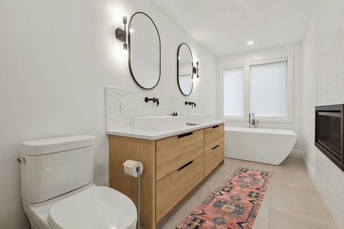 Loloi II Jocelyn Collection JOC-06 Rose/Rose 2'-3" x 7'-6" Runner Rug in Scandinavian Neutral bathroom