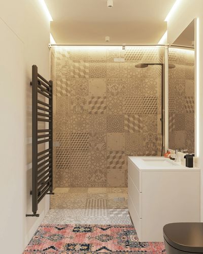 Loloi II Jocelyn Collection JOC-06 Rose/Rose 2'-3" x 7'-6" Runner Rug in White Tiled Bathroom