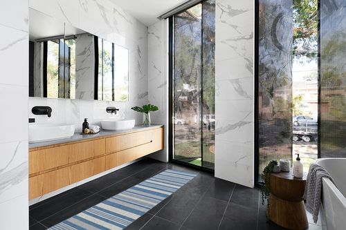 Couristan Gazebo Area Rug, 2'3" x 7'10", Champagne Blue in Modern Black Tiled bathroom