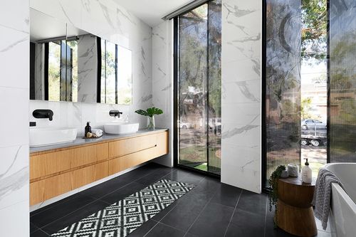Lahome Washable Runner Rug 2x6 Hallway Runner Rug Moroccan Geometric Trellis Soft Non Slip Non-Shedding Low Pile Carpet Runners for Kitchen Bathroom Entryway Laundry Indoor, Black and White in Modern Black Tiled bathroom