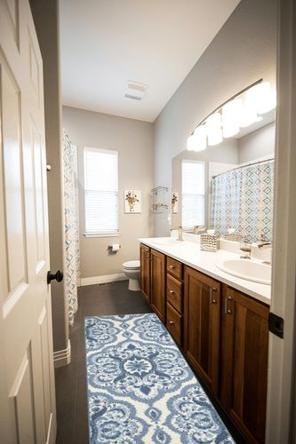 Blue Carpet Non Slip, Fade Resistant, Washable, Durable, Stain Resistant Hallway Runner in Wooden and Grey Bathroom