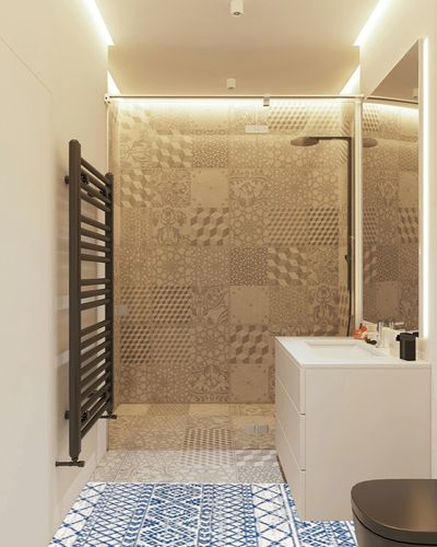 Moroccan Hype Boho Vintage Tribal Cream/Blue 2 ft. x 8 ft. Runner Rug in White Tiled Bathroom