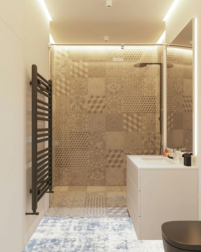 Artistic Weavers Hathor Dark Blue 3 ft. x 10 ft. Modern Abstract Polypropylene ... in White Tiled Bathroom