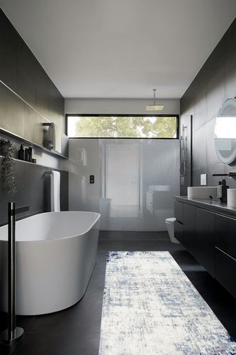 Artistic Weavers Hathor Dark Blue 3 ft. x 10 ft. Modern Abstract Polypropylene ... in Black Modern Bathroom