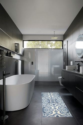 Blue Carpet Non Slip, Fade Resistant, Washable, Durable, Stain Resistant Hallway Runner in Black Modern Bathroom