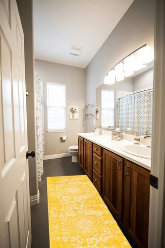 Rugs.com Arlington Collection Rug – 6 Ft Runner Yellow Medium-Pile Rug Perfect for Hallways, Entryways in Wooden and Grey Bathroom