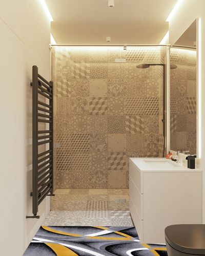 2305 Geometric Abstract Yellow 2x7 Area Rugs for Entryway in White Tiled Bathroom