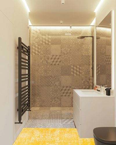 Rugs.com Arlington Collection Rug – 6 Ft Runner Yellow Medium-Pile Rug Perfect for Hallways, Entryways in White Tiled Bathroom