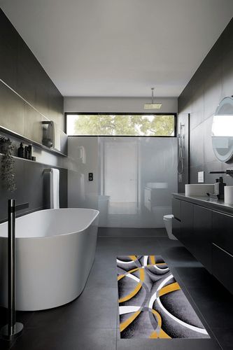 2305 Geometric Abstract Yellow 2x7 Area Rugs for Entryway in Black Modern Bathroom