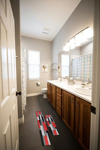 Kitchen Rugs Set of 2- Red, Black, and Grey Modern Geometric Non-Slip Washable Floor Mats - Comfort Sink and Laundry Room Runner - Contemporary Abstract Art Design Decor 17x47.2 and 17x30 inches in Wooden and Grey Bathroom