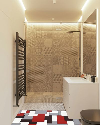 Hallway Runner Rug,Mid Century Abstract Geometric 3D Digital Print Red Gray Non Slip Water Absorbent Rug Indoor Entrance Floor Mat Runner for Home Garage Kitchen Laundry 19.7x63in in White Tiled Bathroom
