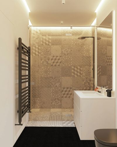 US title : Machine Washable Modern Solid Design Non-Slip Rubberback 3x12 Traditional Runner Rug for Hallway, Kitchen, Bedroom, Living Room, 2'7" x 12',Solid Black in White Tiled Bathroom
