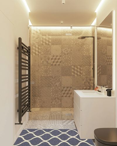 Maples Rugs Rebecca Contemporary Runner Rug Non Slip Hallway Entry Carpet [Made in USA], 1'9" x 5', Indigo Blue in White Tiled Bathroom