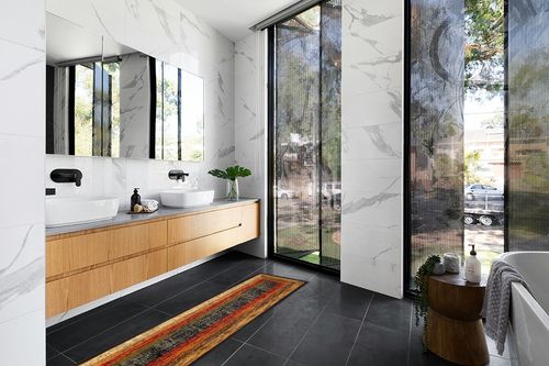 Home Dynamix Royalty Vega Contemporary Geometric Runner Area Rug, Black/Brown, 1'9"x7'2" in Modern Black Tiled bathroom