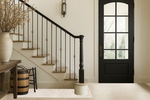 Cream Contemporary Non Slip Living Room Runner in Foyer with Stairs