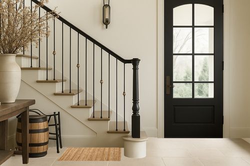 Jute Cotton Patsan Rug 24x36 inches (2x3 Feet) Farmhouse Style,Indoor Entryway Rug, for Room Doorway of Your Home, Hand Woven by Skilled Artisans_Natural Jute Cotton Rug in Foyer with Stairs