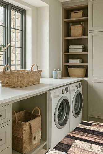 Chocolate Modern, Eclectic, Casual, Transitional Cushioned Area Rug in Sage Green Laundry Room