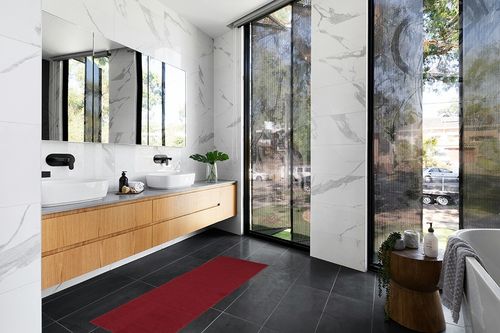 Sweet Home Stores SH Collection Solid Rubberback Indoor Runner Rug, 20" x 59", Red in Modern Black Tiled bathroom