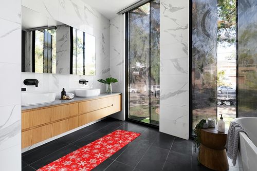 Winter Snowflake Red Runner Rugs for Hallway Kitchen, Christmas New Year Washable Area Rug Non-Shedding Kitchen Mat Entry Carpet for Living Dining Playroom Nursery Laundry Bedside in Modern Black Tiled bathroom