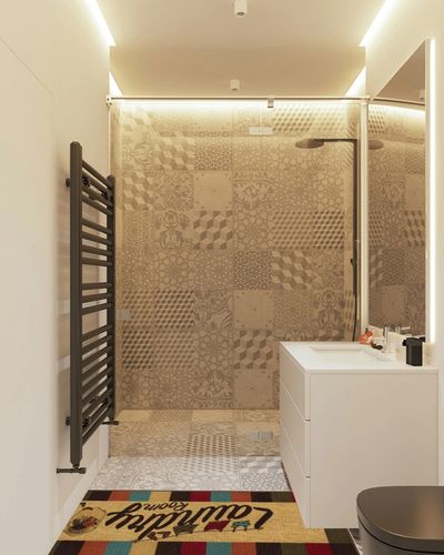 Ottomanson Machine Washable Checkered Border Laundry Room Rug Non-Slip Rubberback 2x5 Laundry Runner Rug for Laundry Room, Bathroom, Washroom, 20" x 59", Multicolor in White Tiled Bathroom
