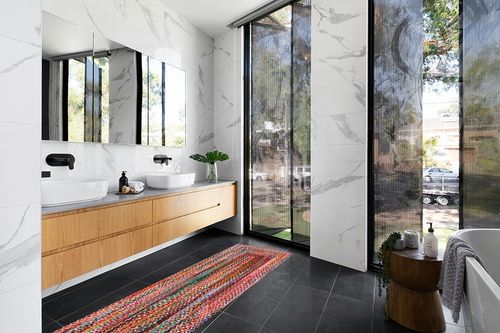 Multi Farmhouse Braided Kitchen, Bedroom, Living Room, Hallway, Dining Room Area Rug in Modern Black Tiled bathroom