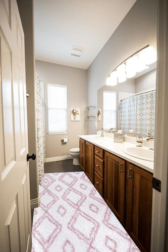 nuLOOM Iola Geometric Shag Runner Rug, 2' 8" x 8', Pink in Wooden and Grey Bathroom