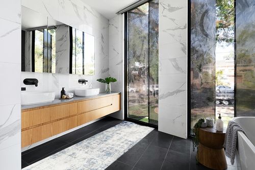Artistic Weavers Hathor Dark Blue 3 ft. x 10 ft. Modern Abstract Polypropylene ... in Modern Black Tiled bathroom
