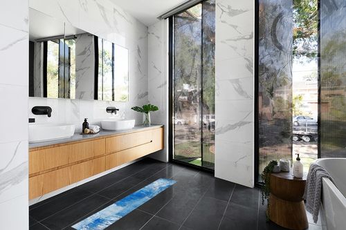 SAFAVIEH Adirondack Collection Area Rug - 9' x 12', Silver & Blue, Modern Abstract Design, Non-Shedding & Easy Care, Ideal for High Traffic Areas in Living Room, Bedroom (ADR112F) in Modern Black Tiled bathroom