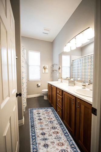 Gertmenian Indoor Printed Tufted Area Rug 2x6 Runner, No Slip Home Décor Rug for Entryway, Bedroom, Living Room, Border, Micah Blue, 28522 in Wooden and Grey Bathroom