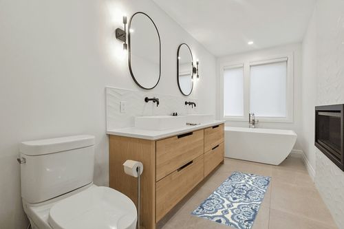Blue Carpet Non Slip, Fade Resistant, Washable, Durable, Stain Resistant Hallway Runner in Scandinavian Neutral bathroom