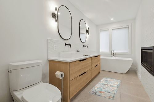 Loloi II Margot Collection MAT-06 Denim/Multi 2'-0" x 5'-0" Accent Rug feat. CloudPile in Scandinavian Neutral bathroom