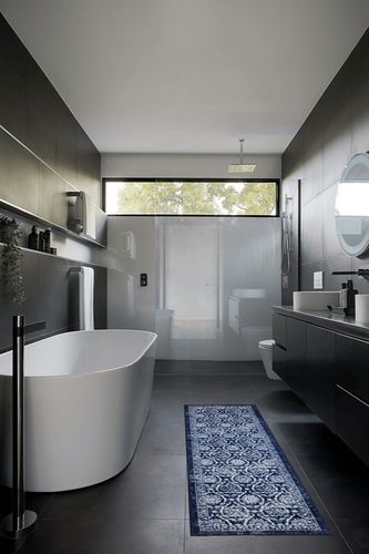 Blue  Non-slip, Low Pile Living Room Area Rug in Black Modern Bathroom