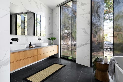 Mainstays Faux Sisal Runner, Black, 21" x 60" in Modern Black Tiled bathroom