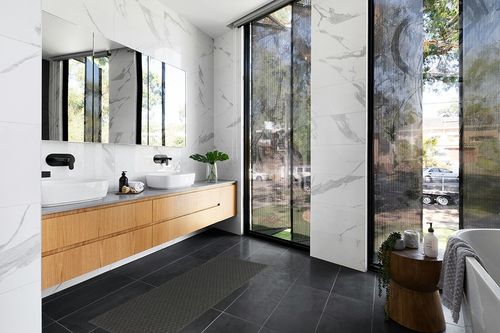 Cinder Gray Town Square Living Room Runner in Modern Black Tiled bathroom