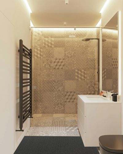 Cinder Gray Town Square Living Room Runner in White Tiled Bathroom