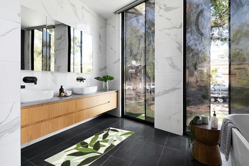 UNIBATH Leaves Bathroom Runner Rug 24x60 Non Slip Long Bathroom Rugs Green Extra Large Bath Runner Rugs for Bathroom Microfiber Absorbent Washable Area Rugs in Modern Black Tiled bathroom