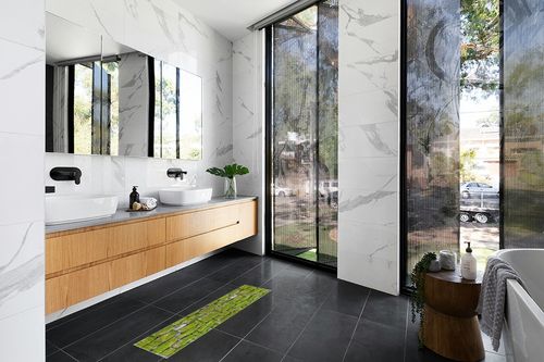 WODEJIA Non Slip Bath Rugs Sponge Foam for Bathroom,Durable Flannel Mat Bright 3D Print Rug, Clearance MatS for Forlaundry Room and Kitchen, Country Road Themed Decor carpt in Modern Black Tiled bathroom