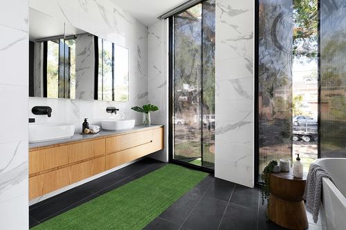 Sweethome Meadowland Collection Indoor and Outdoor Green Artificial Grass Turf Runner Rug 2'7" X 9'10" Green Artificial Grass/Pet mat with Rubber Backed in Modern Black Tiled bathroom