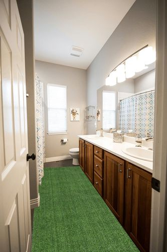 Sweethome Meadowland Collection Indoor and Outdoor Green Artificial Grass Turf Runner Rug 2'7" X 9'10" Green Artificial Grass/Pet mat with Rubber Backed in Wooden and Grey Bathroom