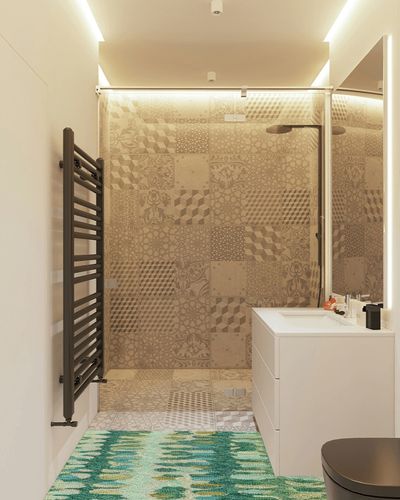 Dash and Albert Paint Chip Moss Hand Micro Hooked Wool Rug, Runner-2.5 X 8 Feet, Multi/Green Geometric Pattern in White Tiled Bathroom