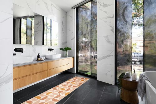 Lahome Boho Runner Rug - 2X 8 Washable Runner Rug Non-Slip Bathroom Runner Rugs with Rubber Backing Ultra-Thin Geometric Carpet Runner for Hallways Kitchen Laundry Bedroom,(2'x 8',Multi) in Modern Black Tiled bathroom
