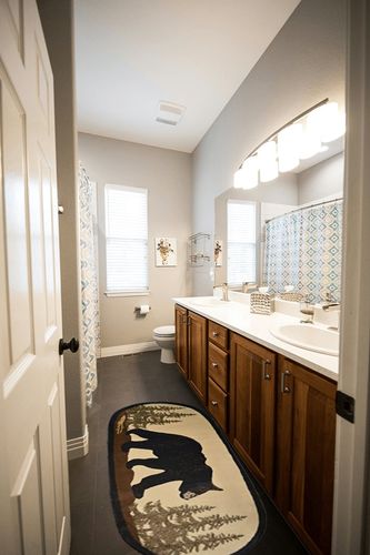 Rug Empire Rustic Lodge Novelty Area Rug, 26" W x 63" L, Bear Oval, Multi in Wooden and Grey Bathroom