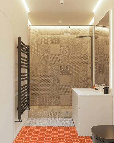 Momeni Rugs , Baja Collection Contemporary Indoor & Outdoor Area Rug, Easy to Clean, UV protected & Fade Resistant, 2'3" x 4'6", Orange in White Tiled Bathroom