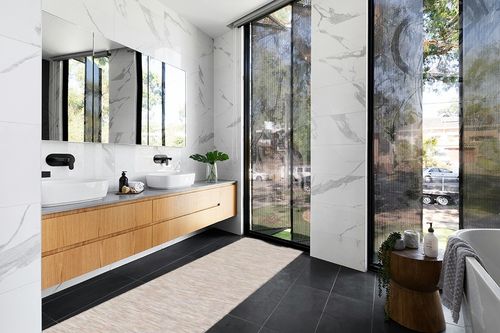 Artistic Weavers Halcyon Camel 2'7 inch x 10' Modern Solid Runner Rug in Modern Black Tiled bathroom