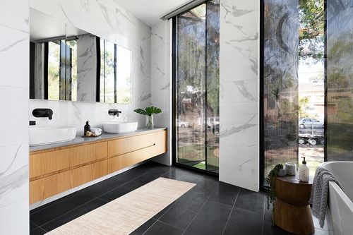 Cream Contemporary Non Slip Living Room Runner in Modern Black Tiled bathroom