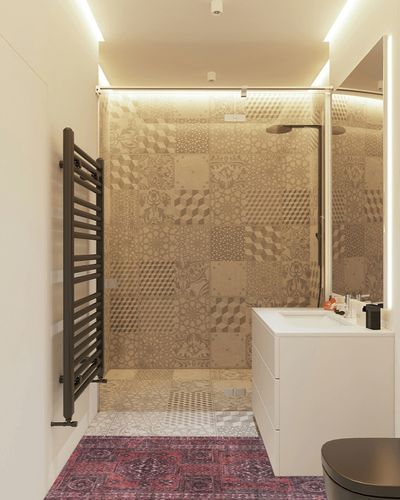 Adiva Rugs Machine Washable Area Rug RED/Brown in White Tiled Bathroom