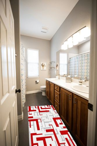 Hallway Runner Rug,Mid Century Geometric Pattern Red Gray White Modern Art Christmas Non Slip Water Absorbent Rug Indoor Entrance Floor Mat Runner for Home Garage Kitchen Laundry 19.7x63in in Wooden and Grey Bathroom