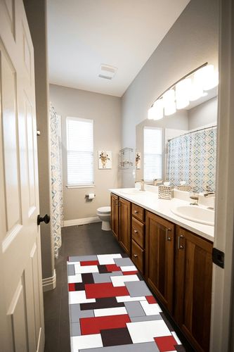 Hallway Runner Rug,Mid Century Abstract Geometric 3D Digital Print Red Gray Non Slip Water Absorbent Rug Indoor Entrance Floor Mat Runner for Home Garage Kitchen Laundry 19.7x63in in Wooden and Grey Bathroom