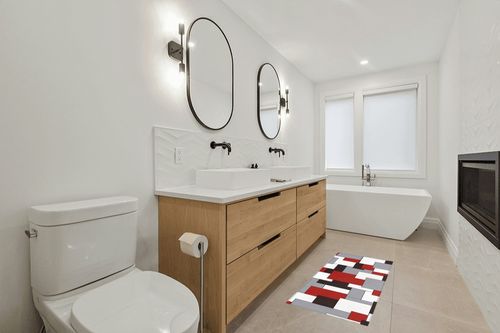 Hallway Runner Rug,Mid Century Abstract Geometric 3D Digital Print Red Gray Non Slip Water Absorbent Rug Indoor Entrance Floor Mat Runner for Home Garage Kitchen Laundry 19.7x63in in Scandinavian Neutral bathroom