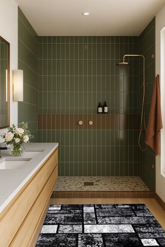 Luxe Weavers Geometric Squares Gray 4x5 Modern Abstract Area Rug in Green Bathroom